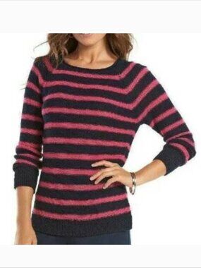 Chaps Sweater Womens L Pink Black Striped Raglan Long Sleeve Boatneck Winter